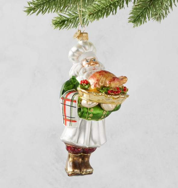 Williams Sonoma Glass Chef Santa Claus with Turkey Ornament
