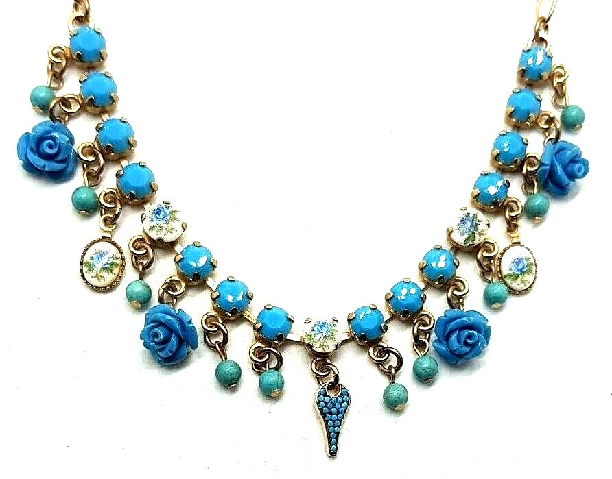 Women\'s Ladies Genuine Crystal Elements Necklace See Blue Flowers.