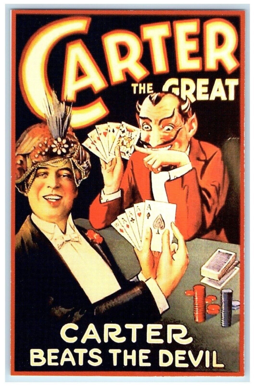 Carter The Great Beats The Devil Cards Gambling Unposted Vintage Postcard