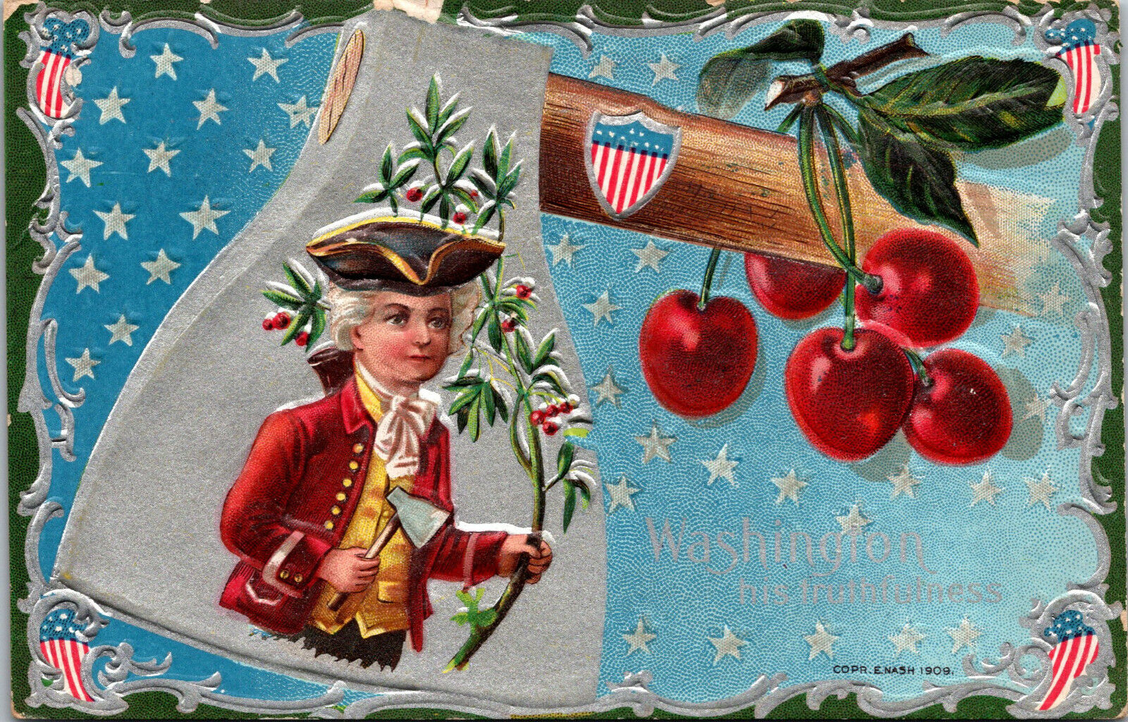 Vtg 1910 George Washington Axe Hatchet Silver Embossed Patriotic Postcard
