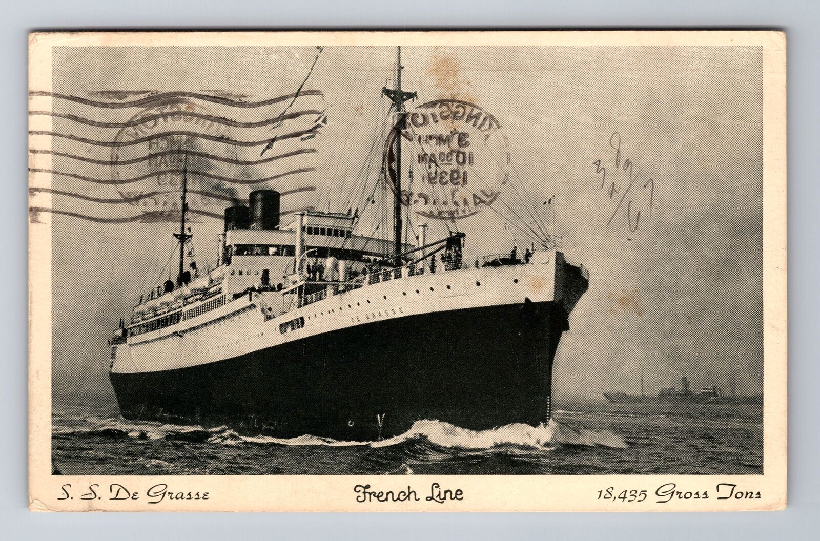 SS De Grasse, French Line, Ship, Transportation, Vintage c1939 Souvenir Postcard