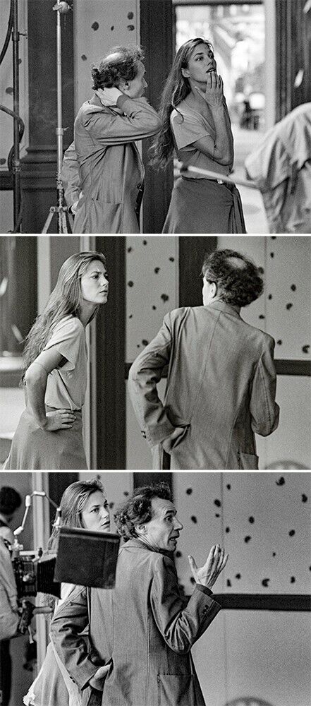 Jacques Rivette and Jane Birkin shooting L\'Amour by terre Saint-Cloud 1983