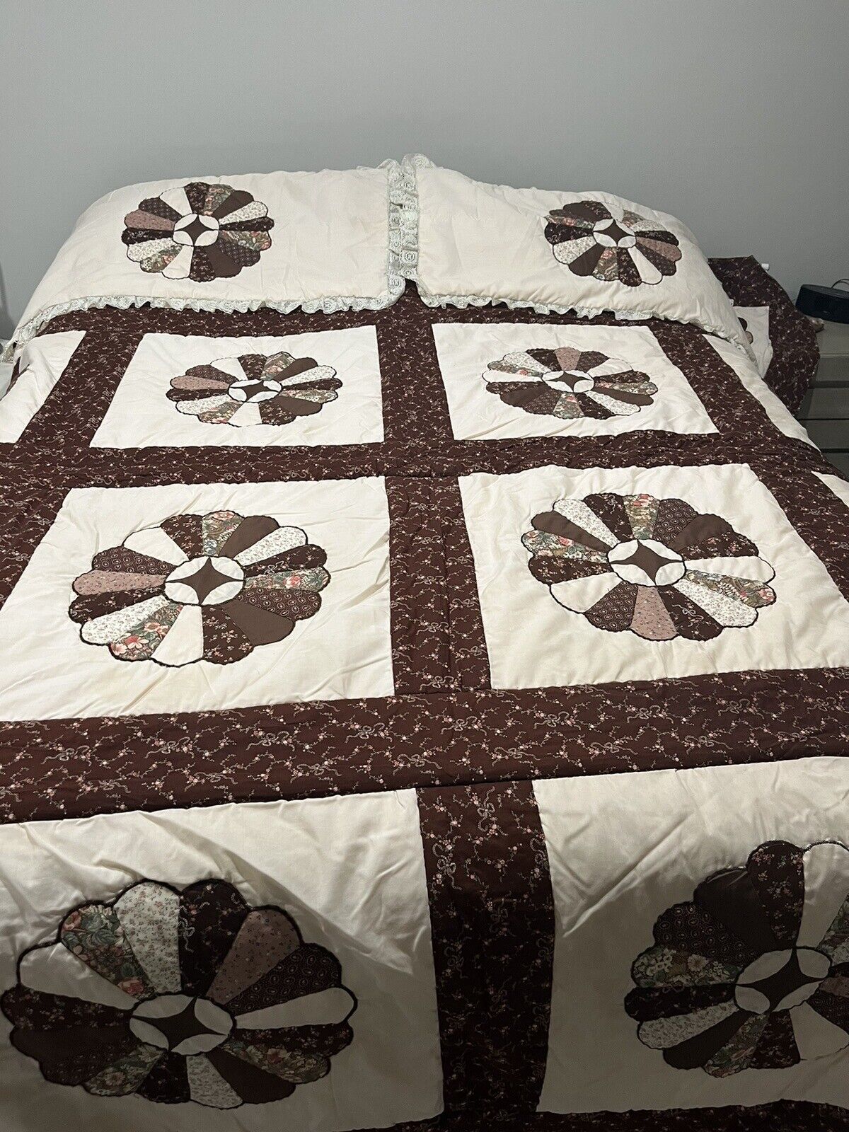 Home Made Quilt, Flower Pattern, Machine And Hand Stitched 99” X 97”,  2 Shams