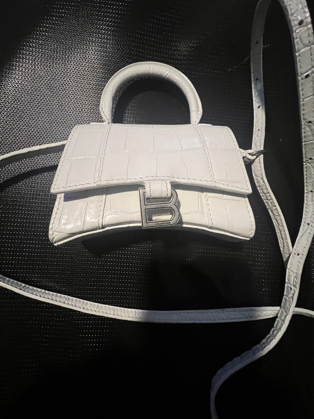 Balenciaga Hourglass Top Handle Bag Crocodile Embossed Leather MINI  White.