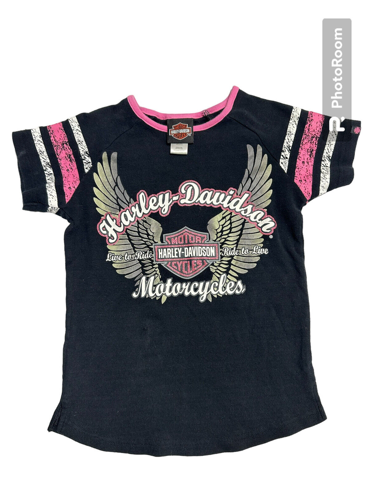 Harley Davison Tshirt Girls Size 7/8 Black Pink Short Sleeve Motorcycles Glitter