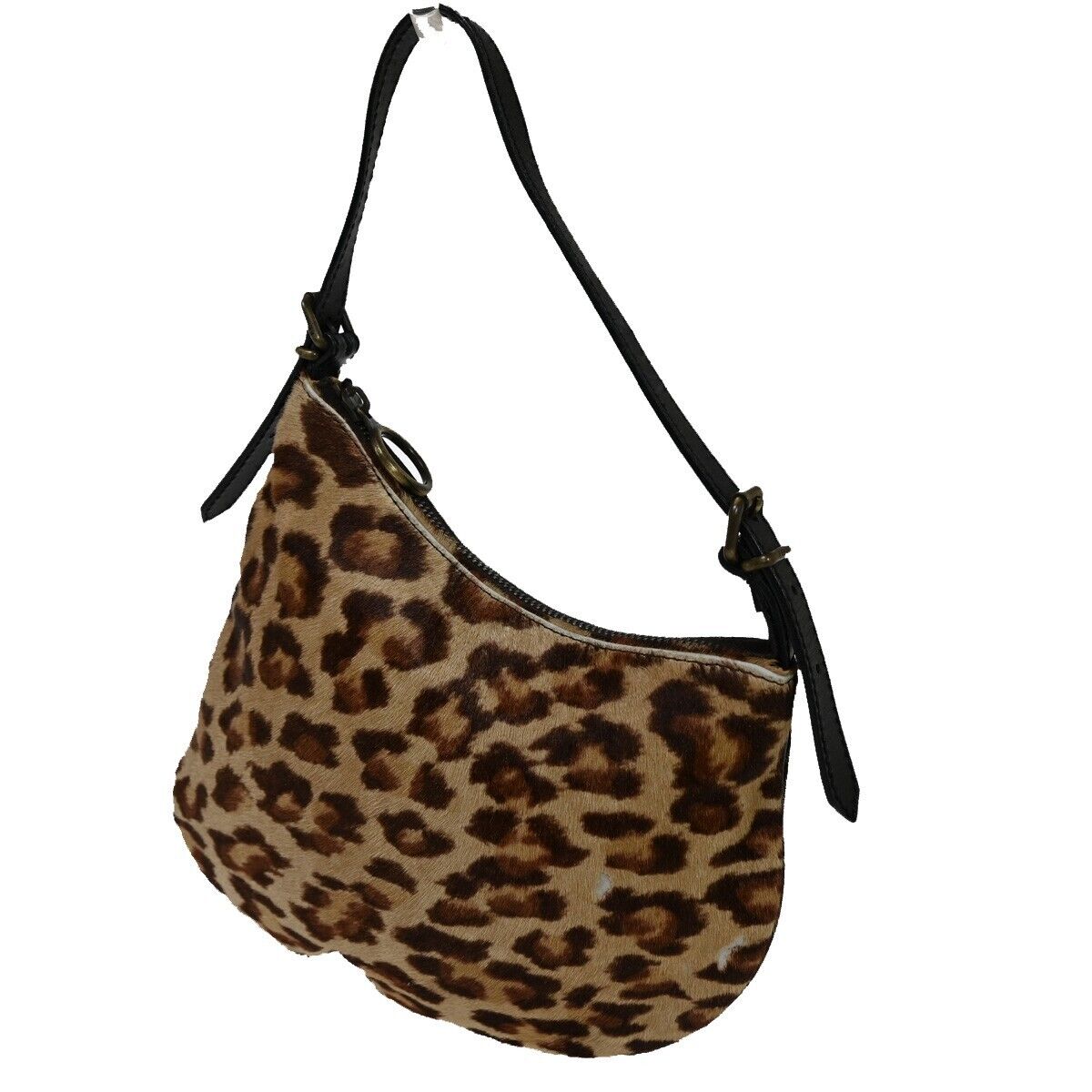 FENDI FF Logos Zucca Calf Fur Leopard Print Hand Bag Leather Beige Brown 65SH582