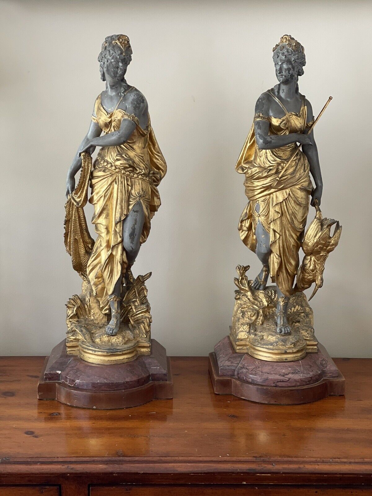 Rare Pair Antique Goddess Aphrodite Diana The Huntress Spelter Statue Lamp