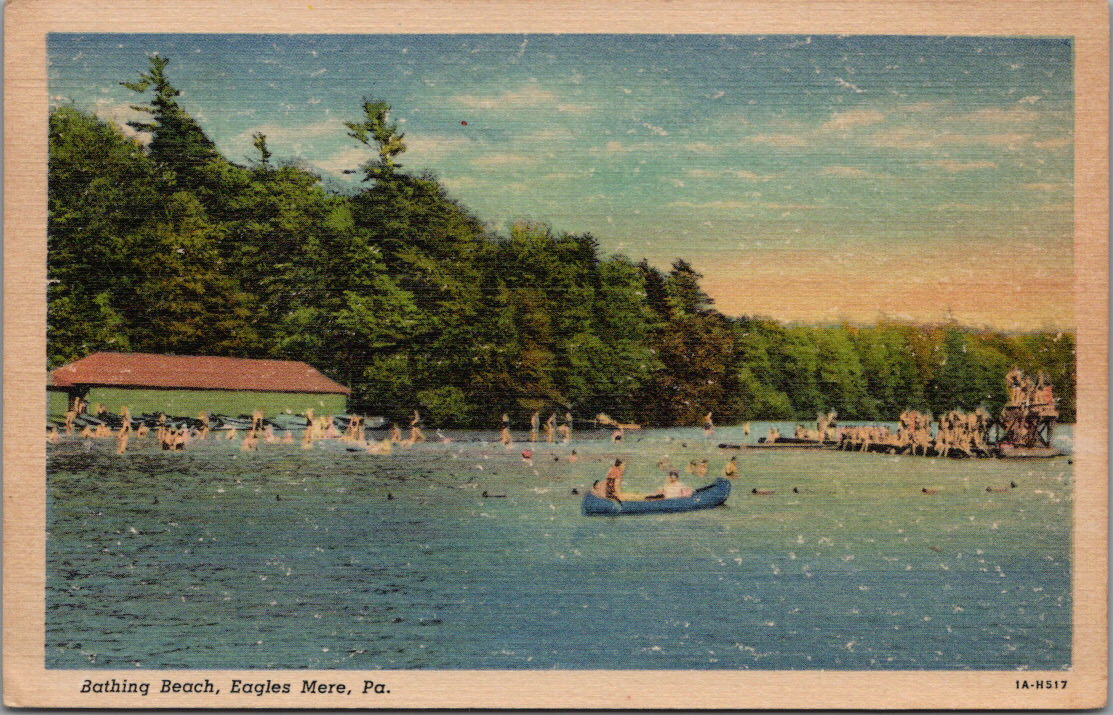 1931 Eagles Mere Pennsylvania Bathing Beach Blue Canoe Swimmers Diving Board PA