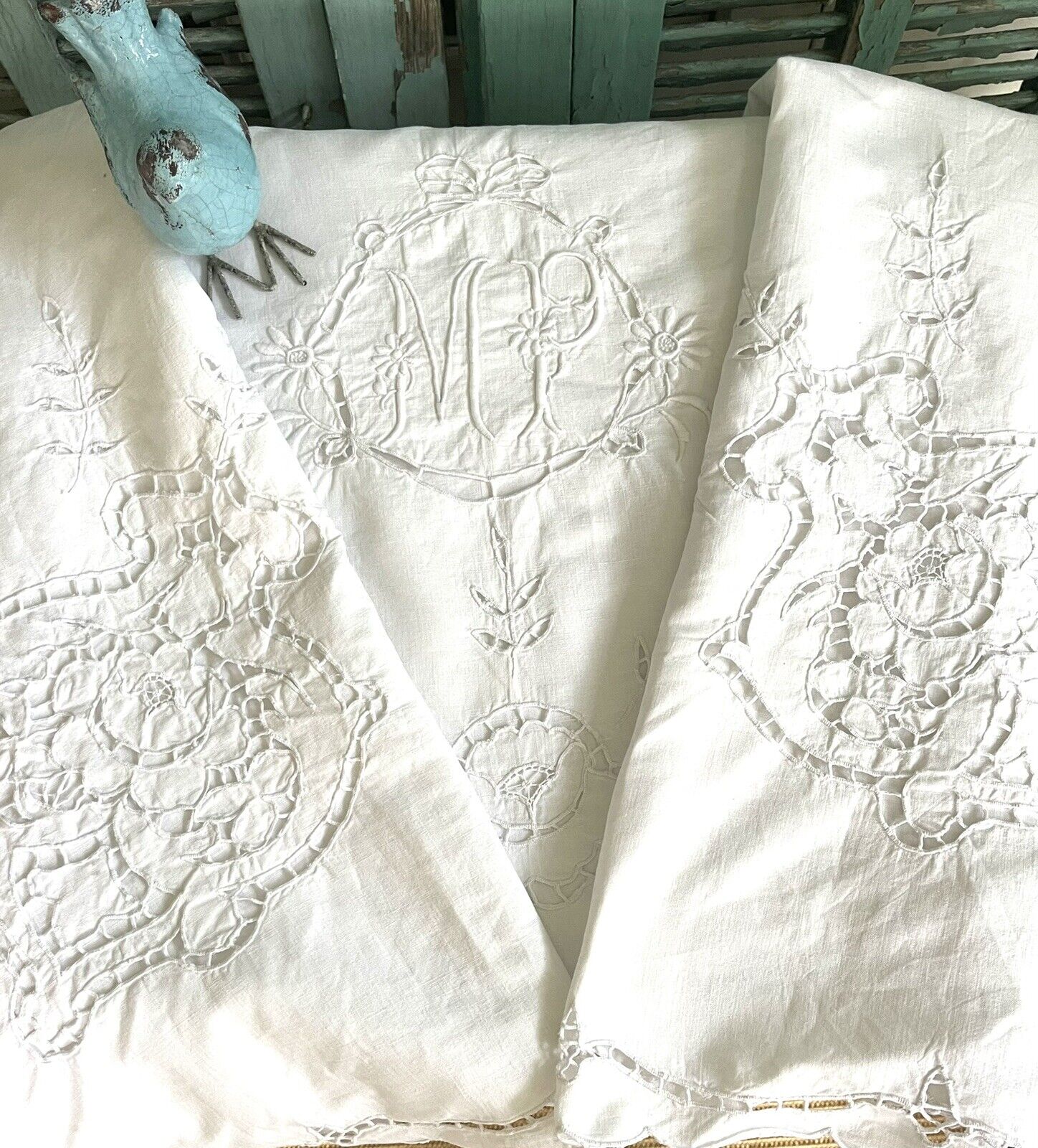 VINTAGE FRENCH EMBROIDERED LINEN SHEET