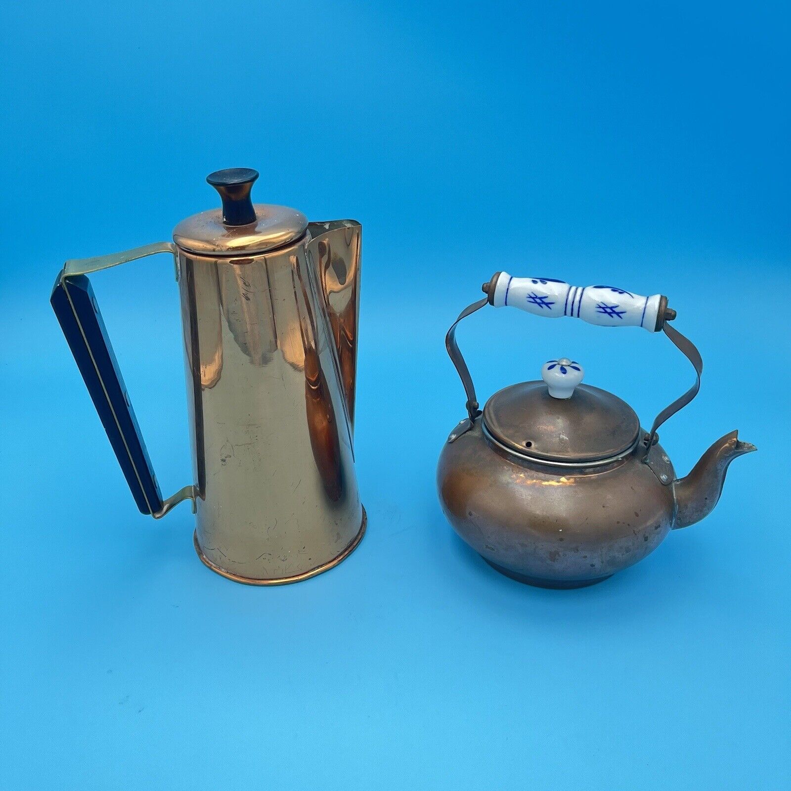 LOT 2 VTG Copper Metal Tea Pot Porcelain  Handle & Coppercraft Taunton. See Desc