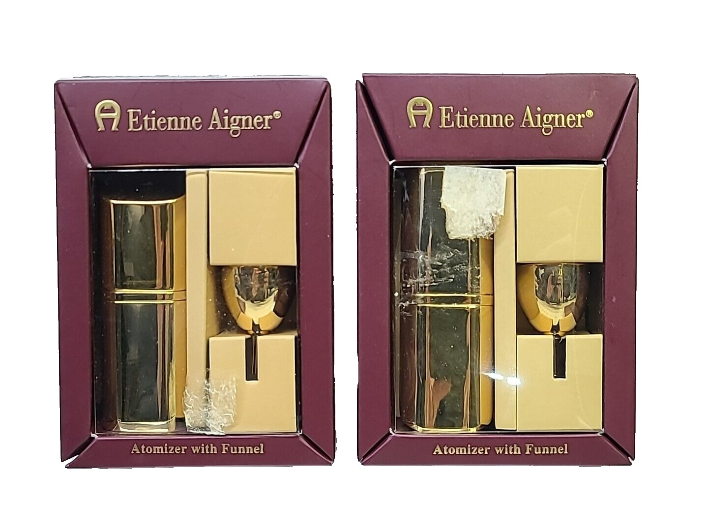 Vintage Etienne Aigner Brass Perfume Parfume Toilette Atomizer w/ Pour Funnel x2