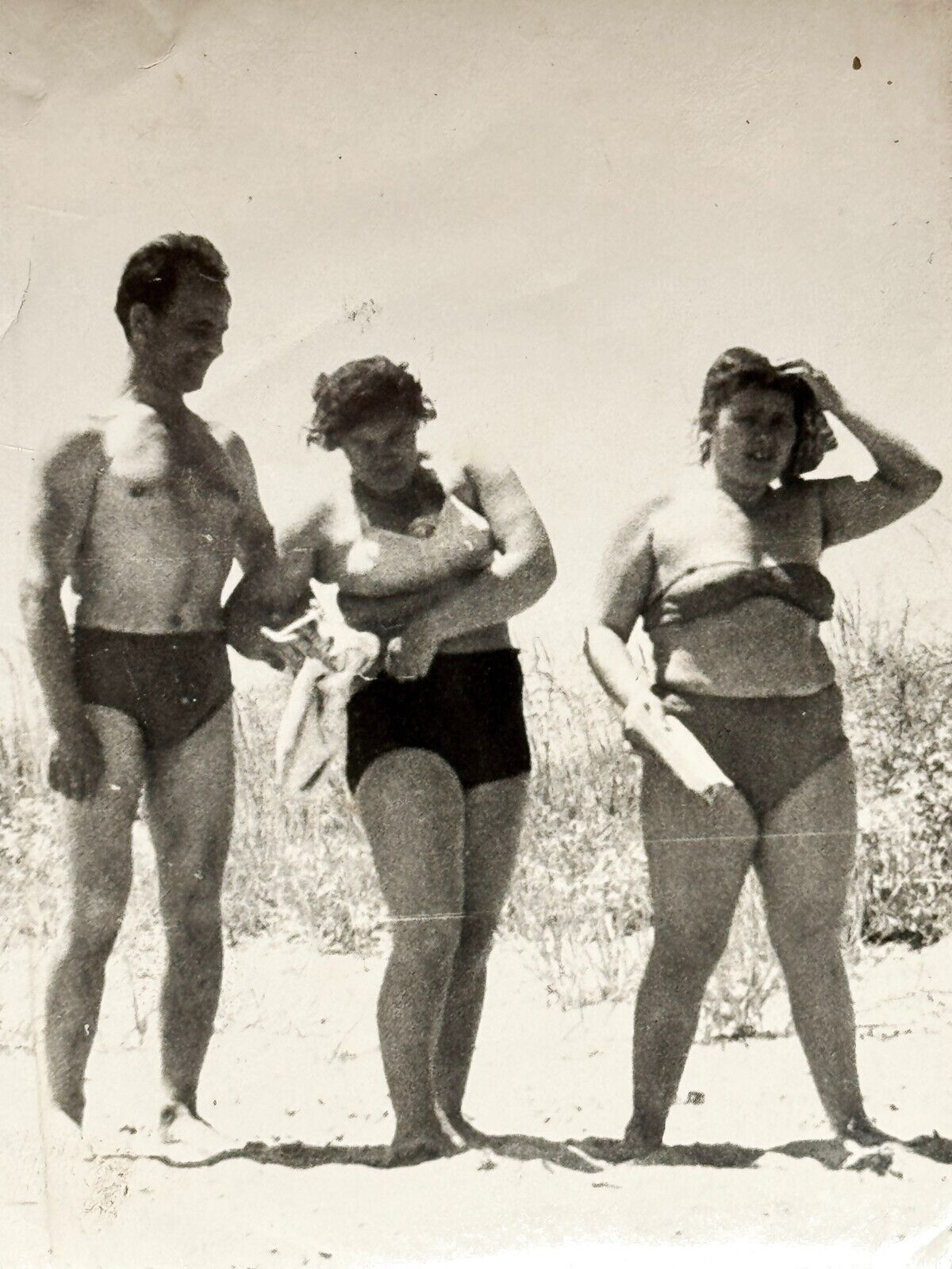 1950s Plus size Chubby Two Women Bikini Snapshot Man Bulge Trunks Vintage Photo