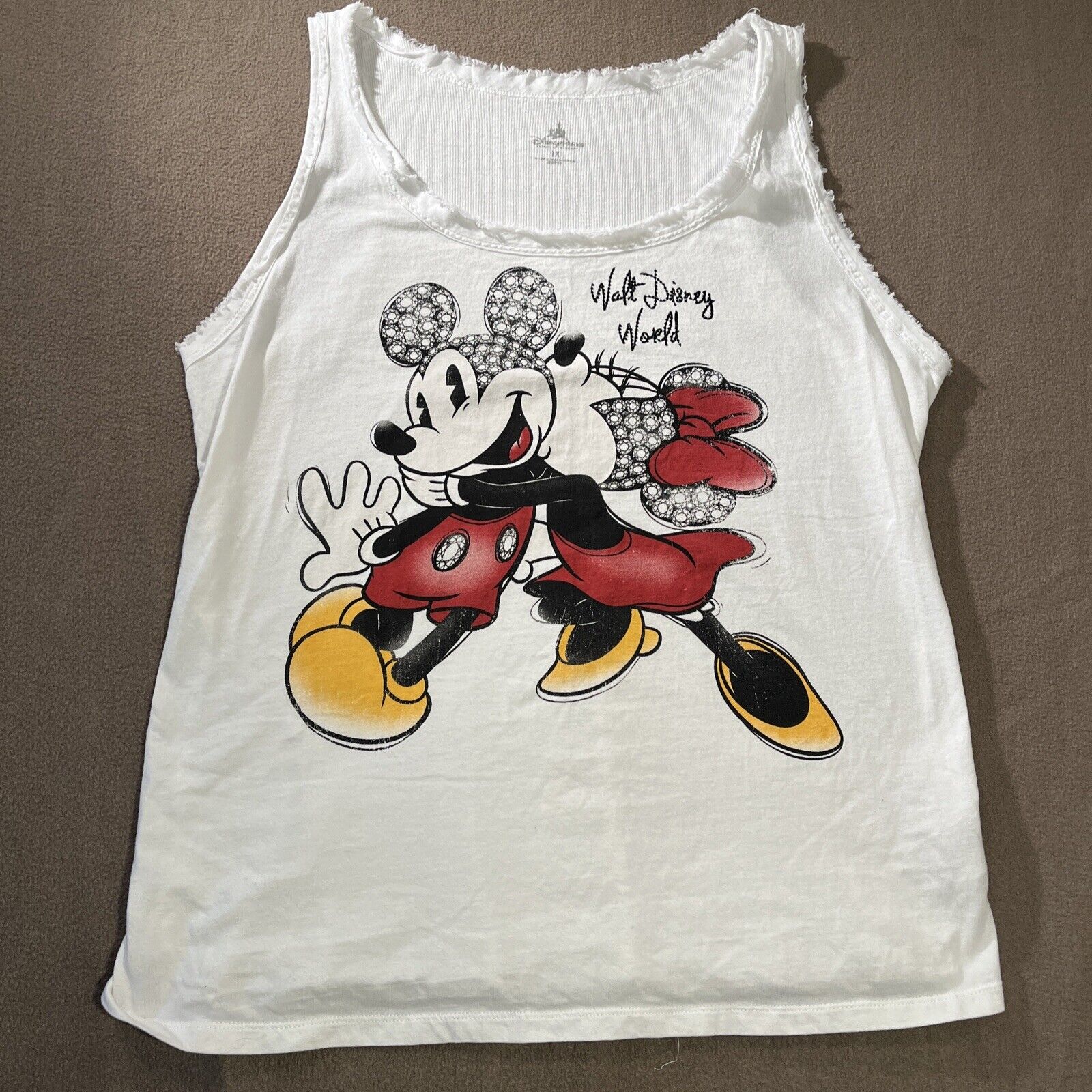 Disney Parks Women\'s Tank Top XL Mickey Minnie Mouse Disney World Sequins Frayed