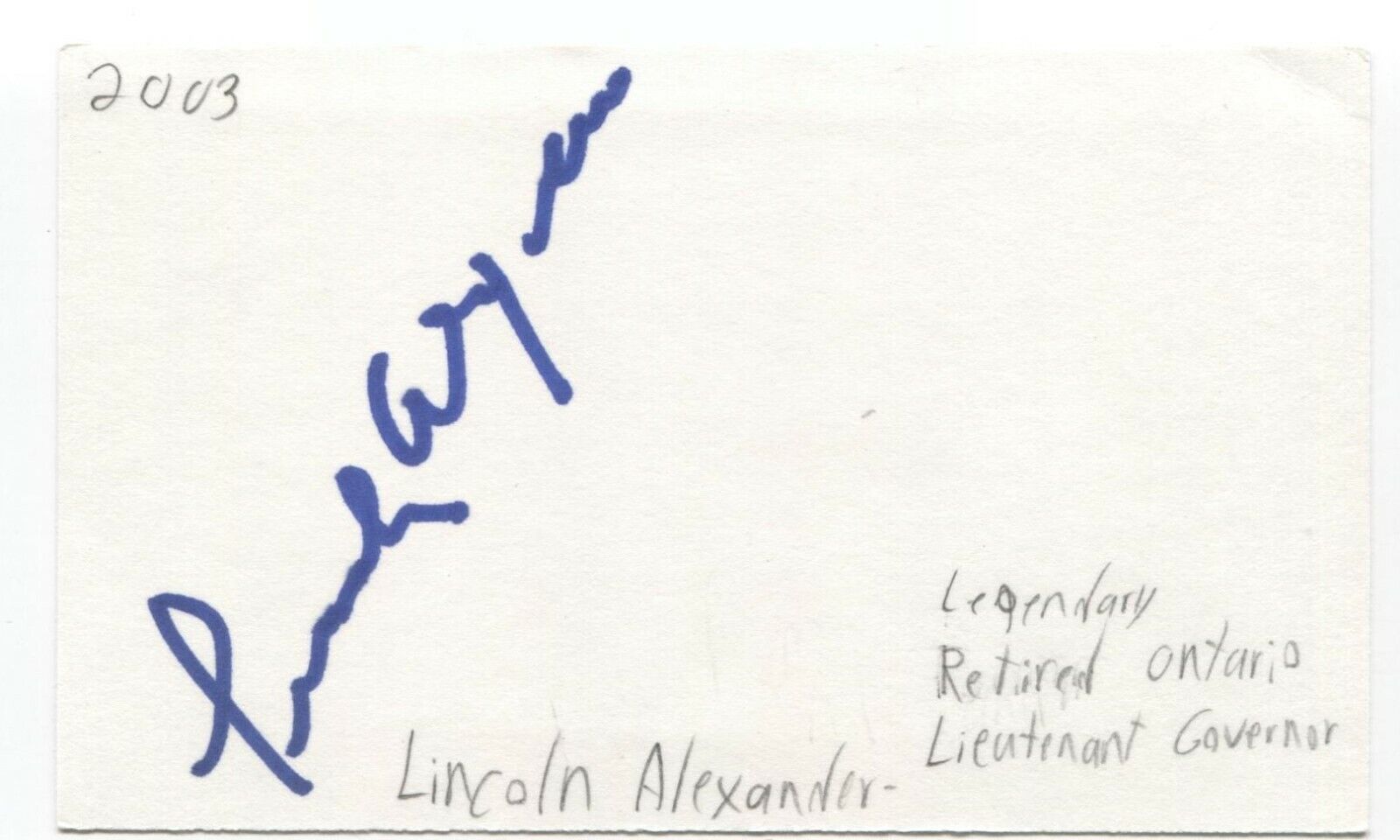 Lincoln Alexander Signed 3x5 Index Card Autographed Signature Politician