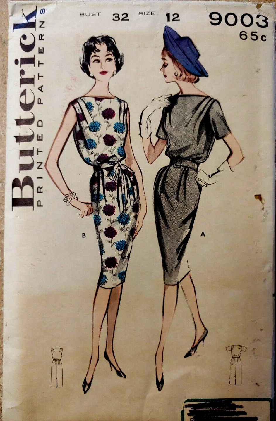 1960\'s Vtg Butterick #9003 Misses\' Soft Shoulder Sheath Dress Belt Sz 12 Bust 32