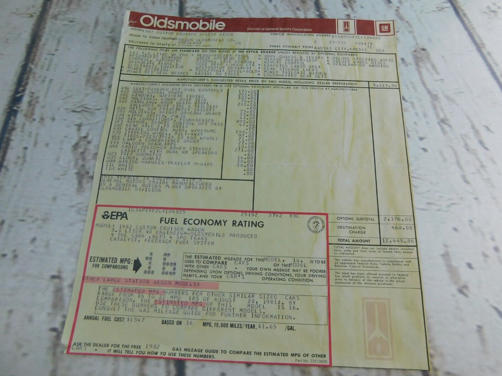 Original 1982 Custom Cruiser Wagon Window Sticker/Paper \
