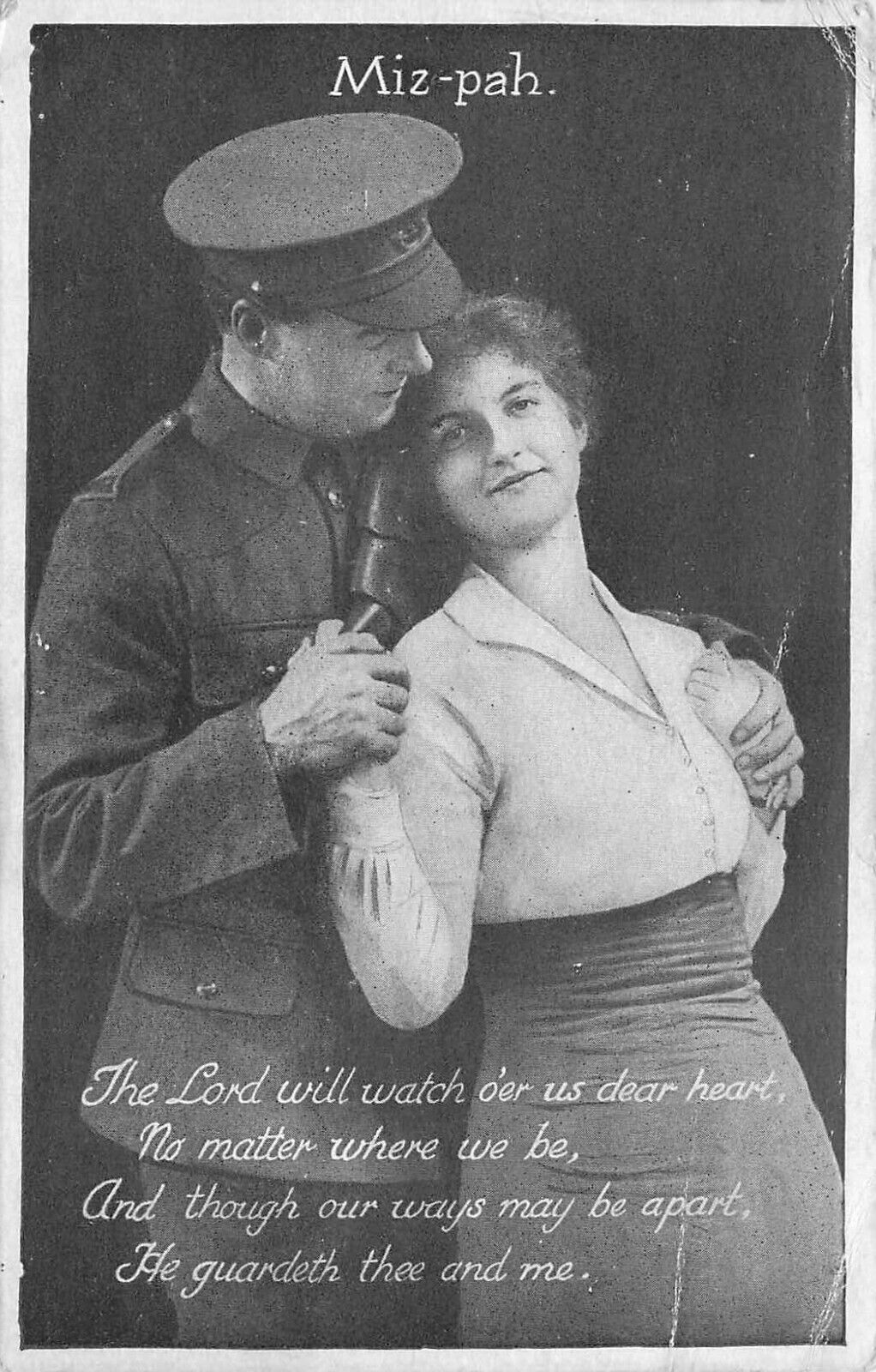 Postcard Romance Soldier Holds His Sweetheart Miz-Pah Divided