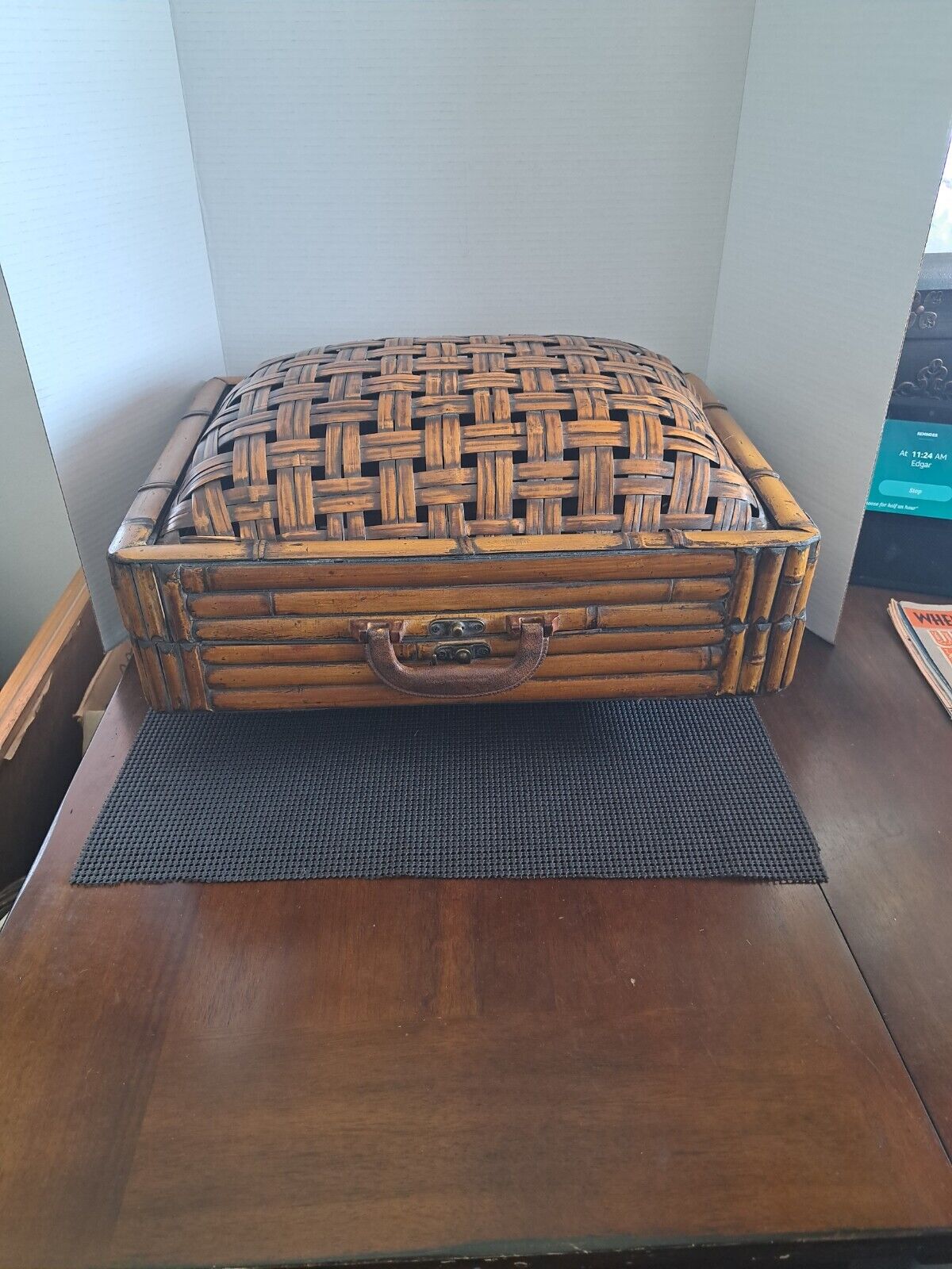 Vintage (Bamboo Rattan)? Wood Storage Box Primitive Suitcase Large Rounded Box
