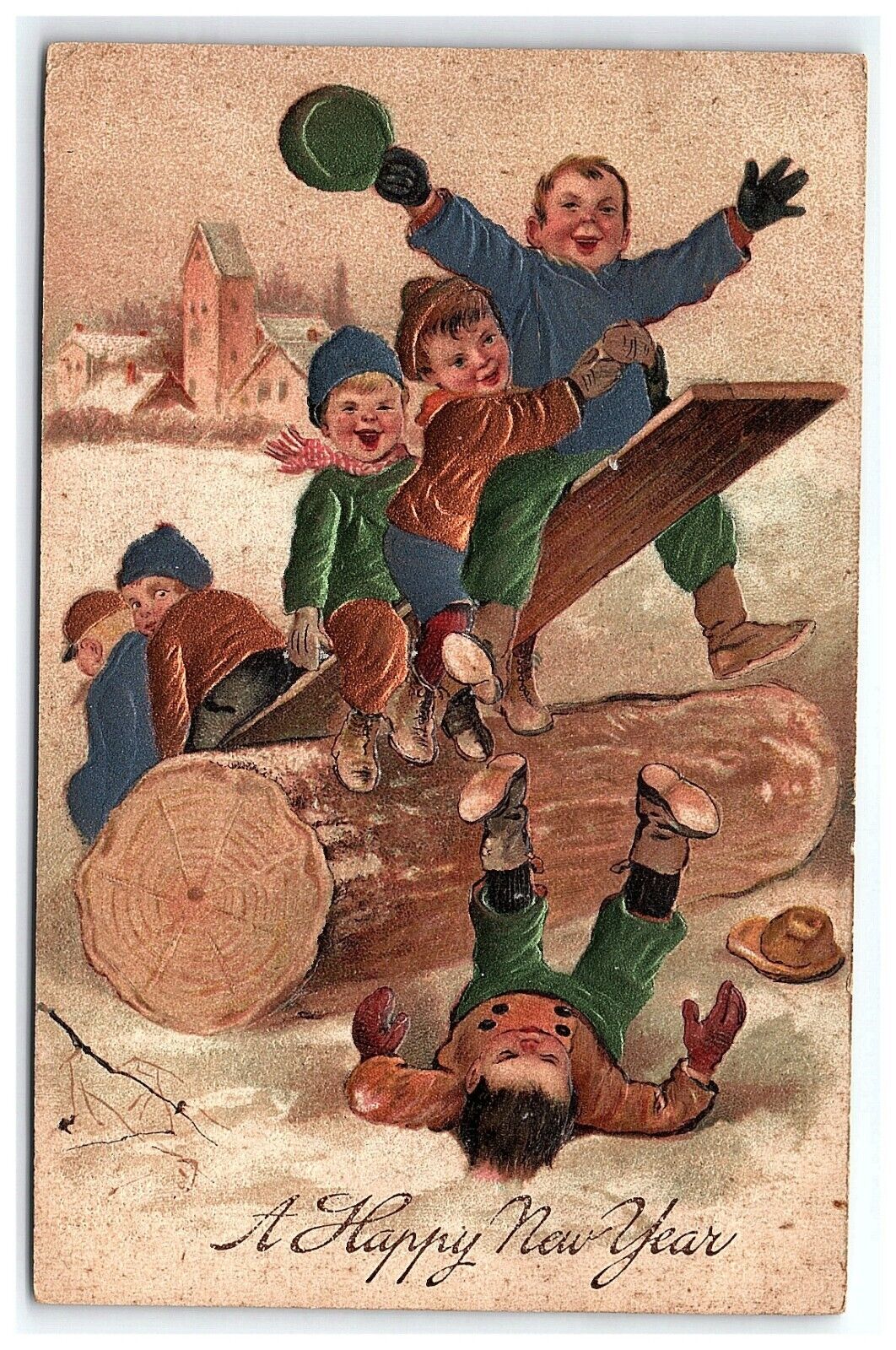 1907-15 Postcard A Happy New Year Children See Saw Log Board Gold Foil Playing