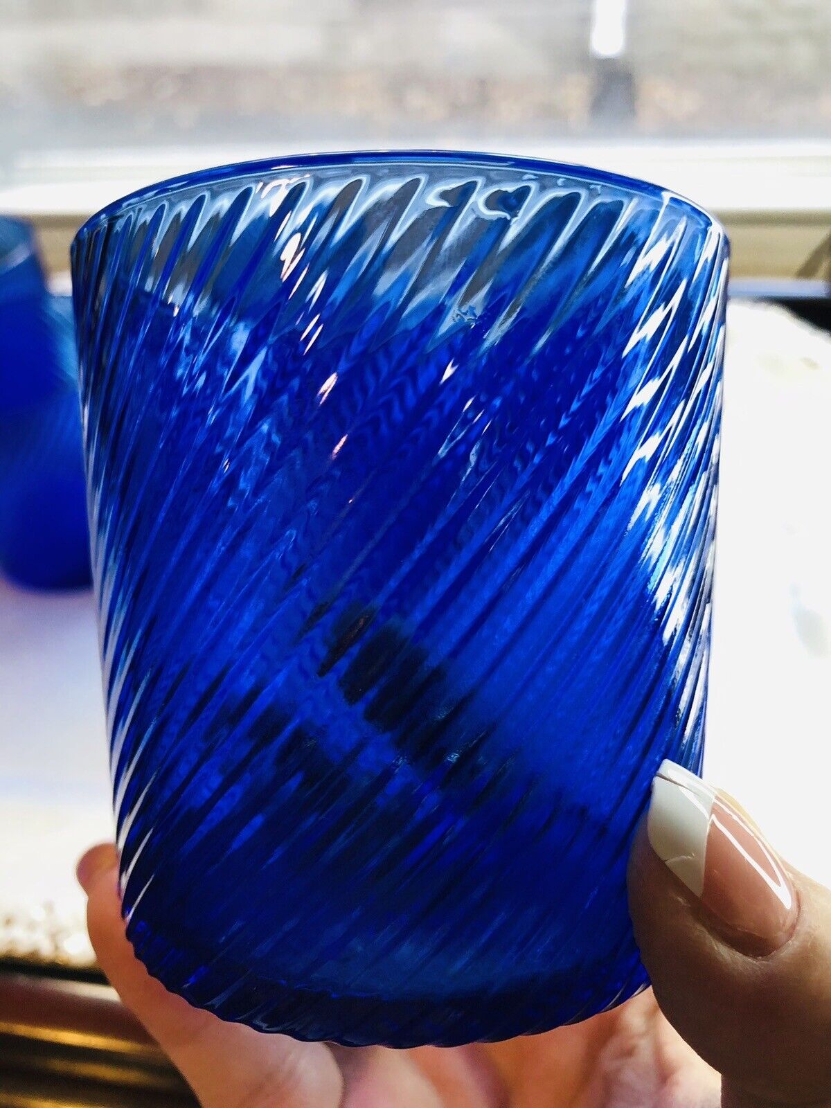 Cobalt Blue Whiskey Ribbed Swirl Glassware Hand Crafted Barware Stackable-6