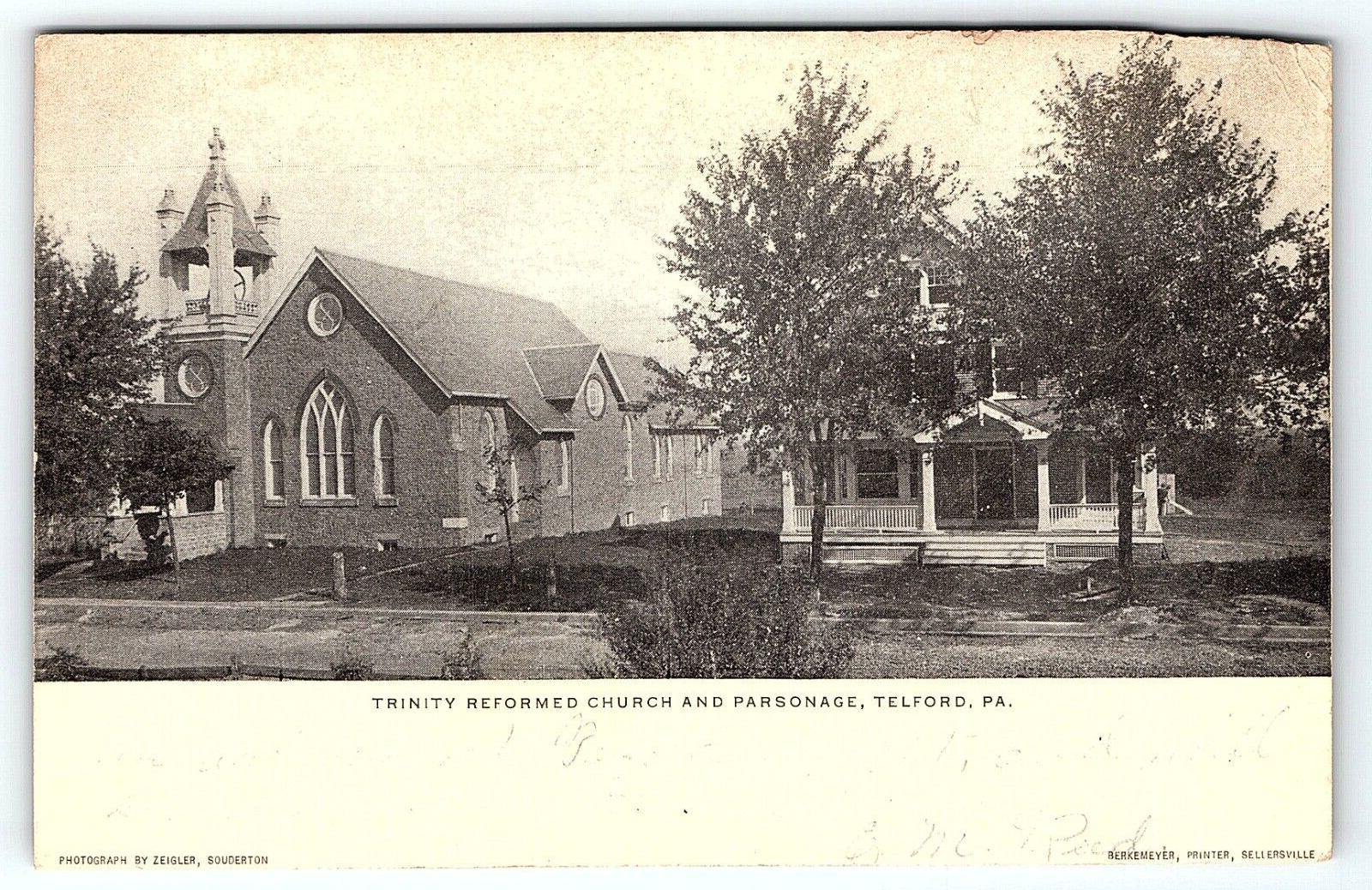 c1910 TELFORD PA TRINITY REFORMED CHURCH AND PARSONAGE EARLY POSTCARD P4093