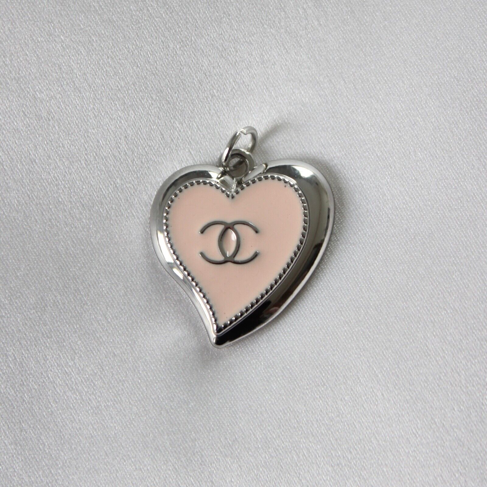 Chanel Zipper Pull Pendant, Light Pink Heart, Silver, 22mm, Stamped