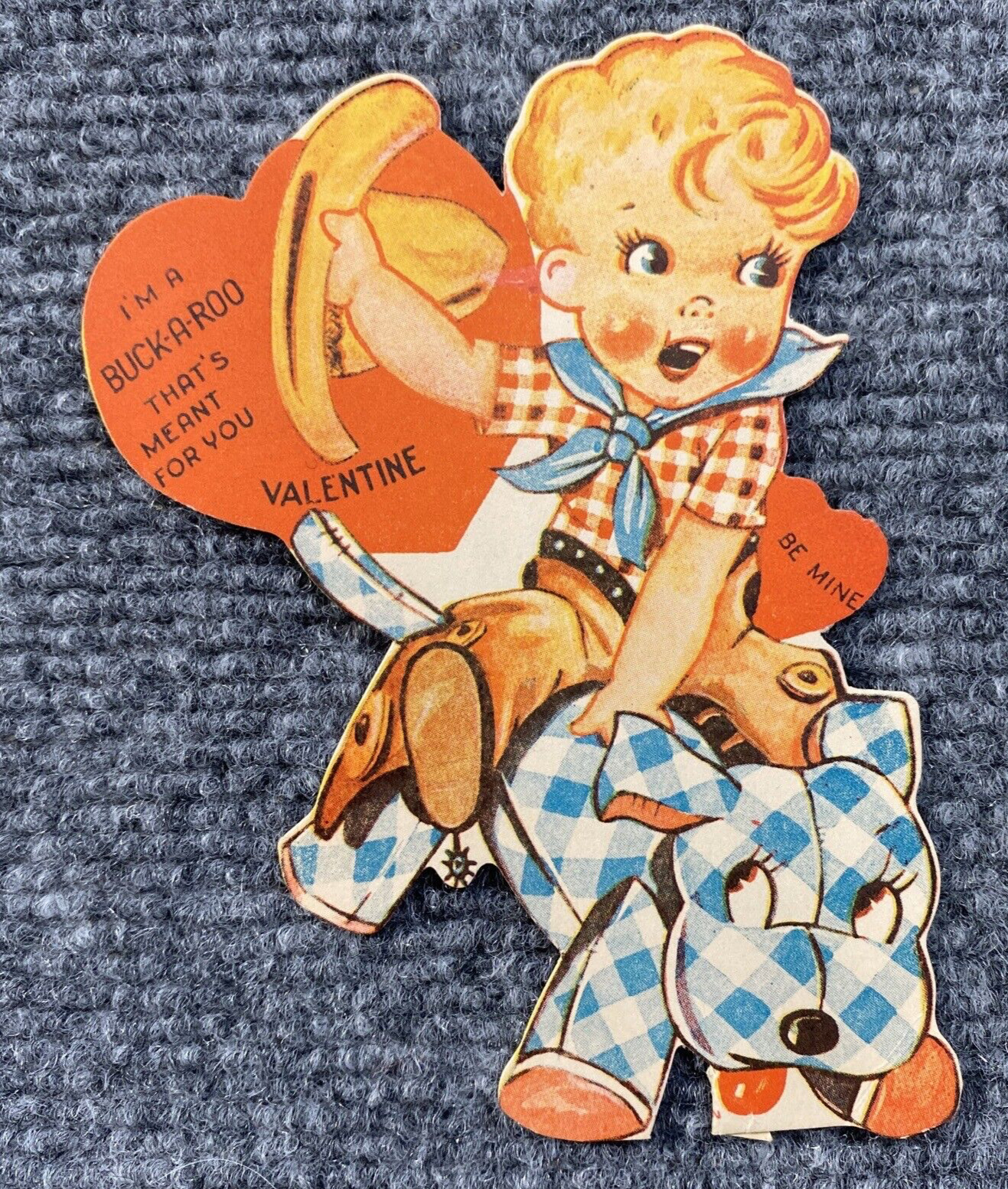 Vintage Valentine Card Boy Dog Gingham Im A Buckaroo Meant You Cowboy Hat Chaps