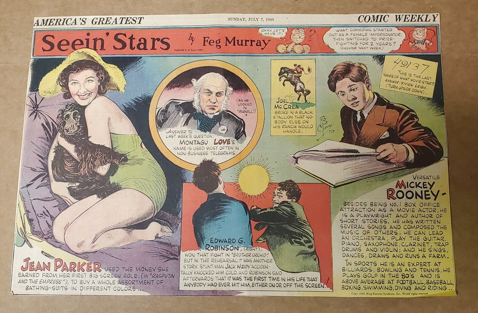1940 Jean Parker Mickey Rooney  Seein\' Stars by Feg Murray Comic Strip