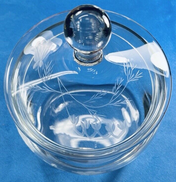 Vintage Crystal Cookie Biscuit Jar and Lid CLEAR Etched Frosted Floral Pattern