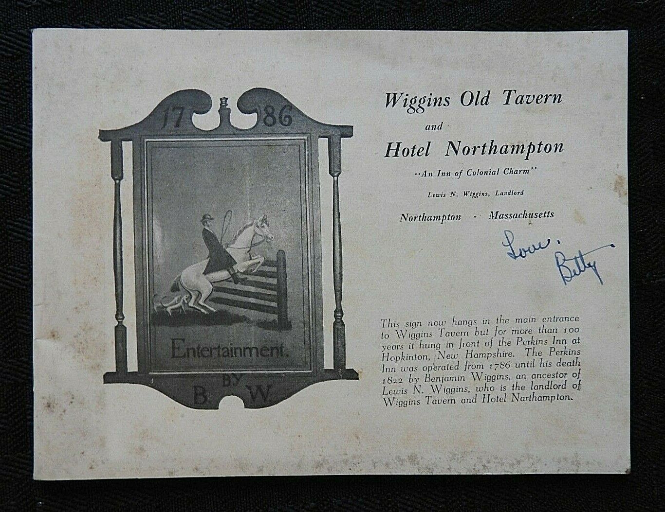1930\'s WIGGINS OLD TAVERN & HOTEL NORTHAMPTON MA MASSACHUSETTS HISTORY BOOKLET