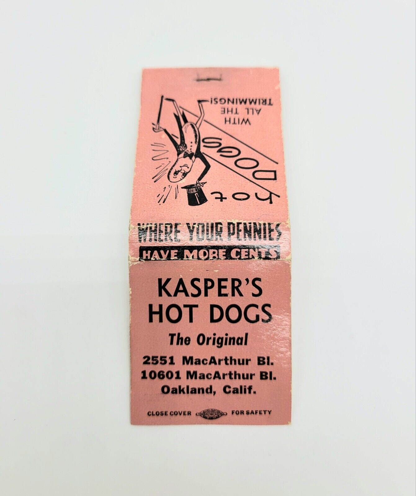 VTG Matchbook Kasper\'s Hot Dogs The Original Oakland California Unstruck