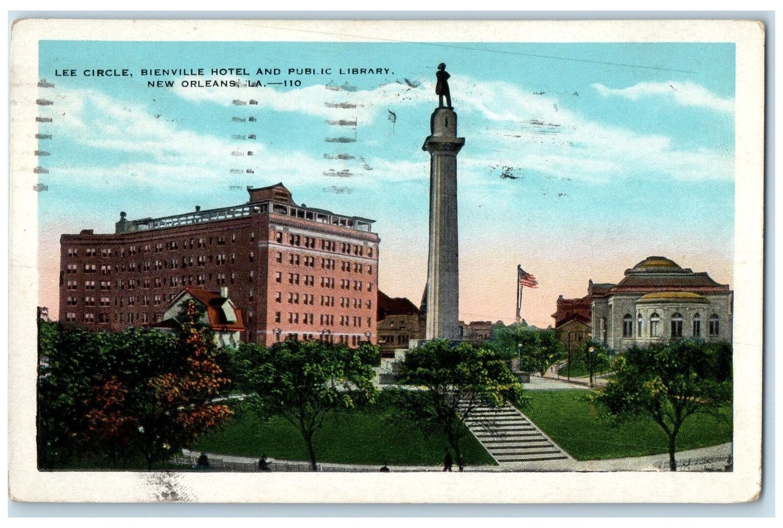 1938 Lee Circle Bienville Hotel And Public Library New Orleans LA Flags Postcard