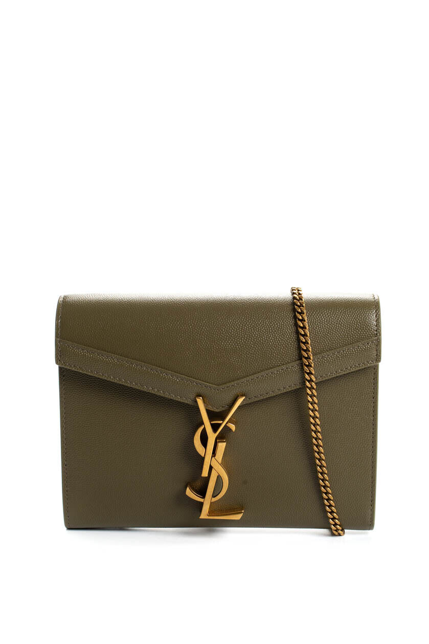 Yves Saint Laurent Womens Cassandra Leather Flap Wallet On Chain Handbag Green