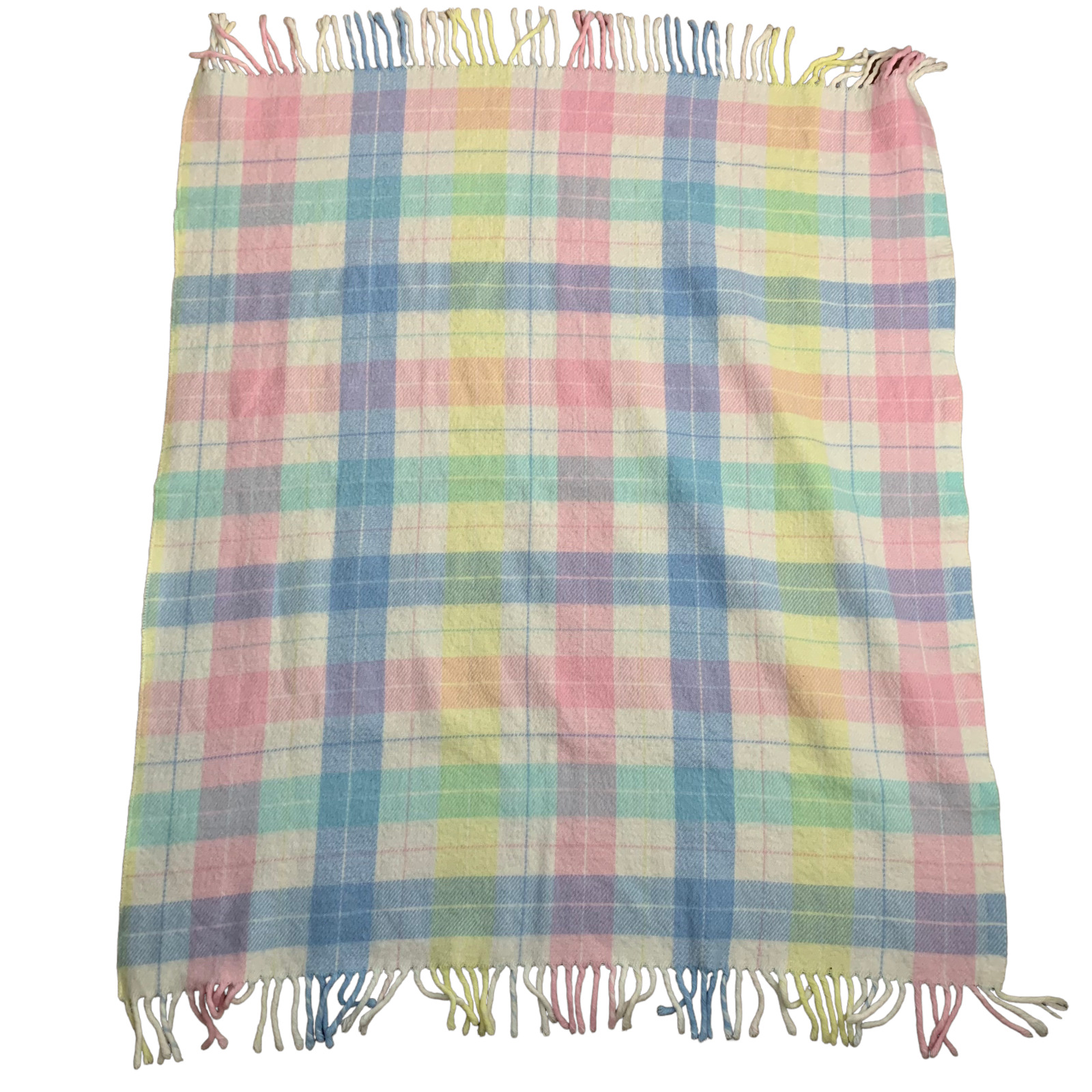 Vintage Knit Baby Lap Blanket Throw 40 x 36 Blue Pink Plaid Fringe Deadstock USA