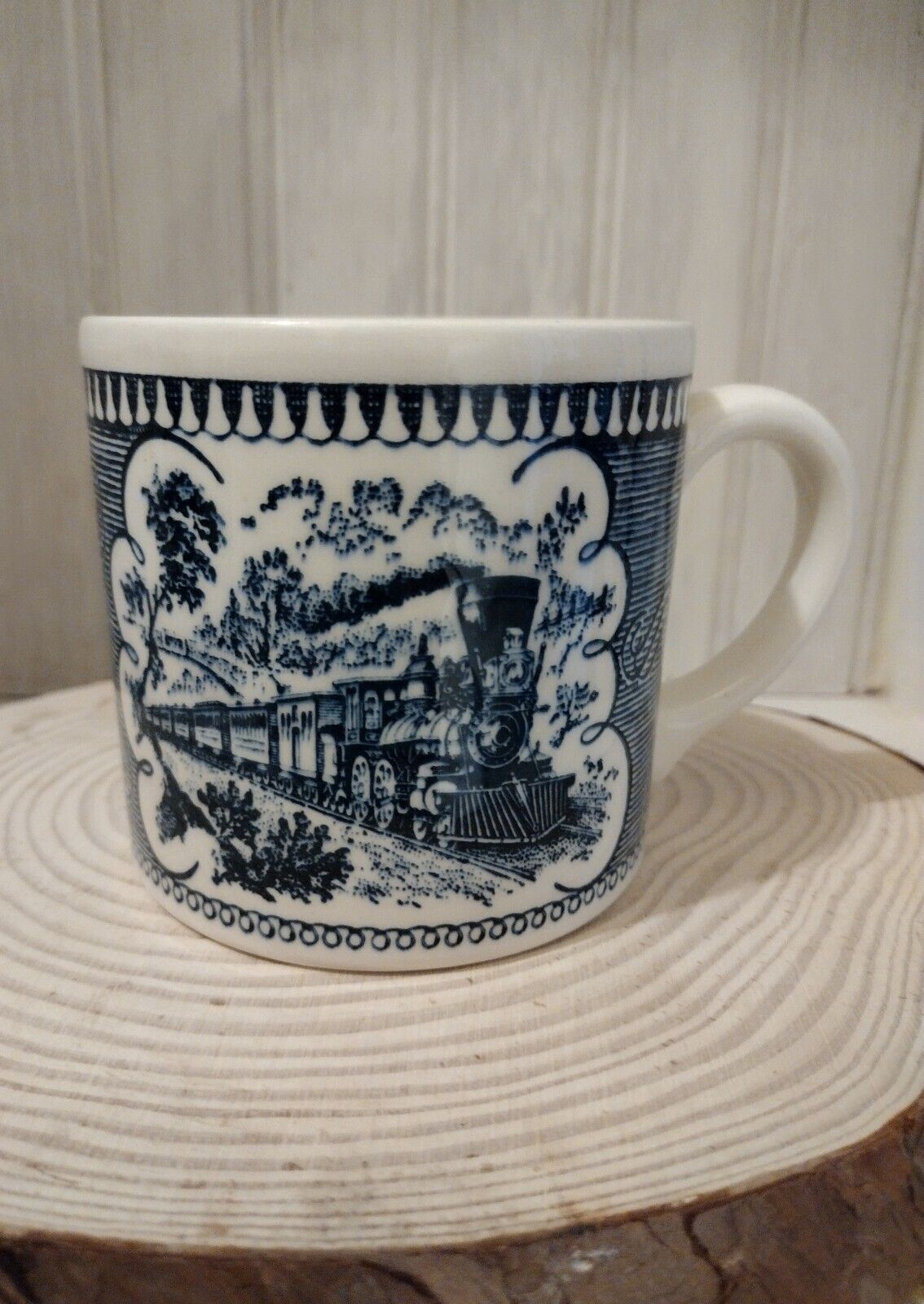 Vintage Currier and Ives Blue & White Train Mug, Quantity of 1