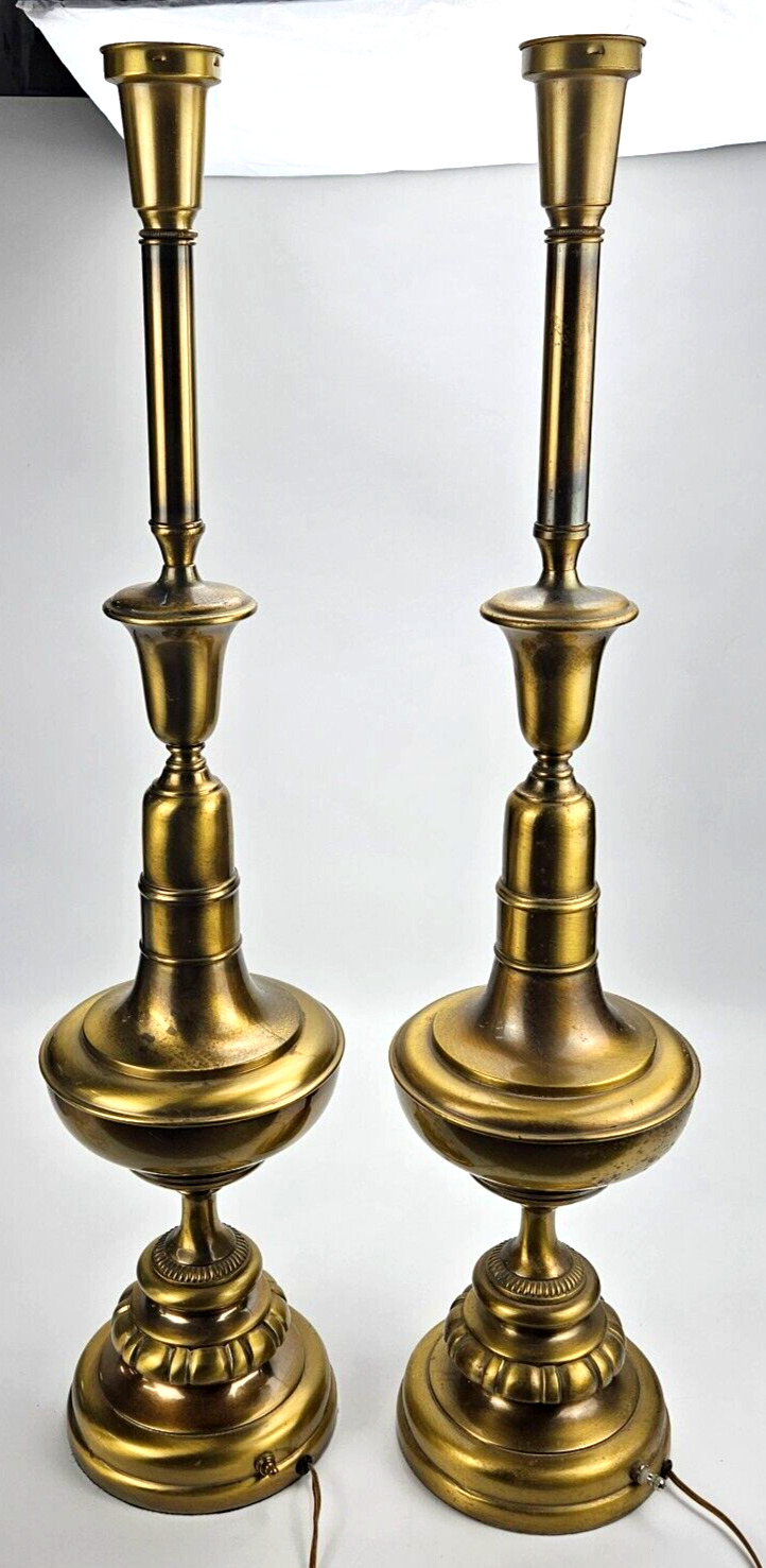 Pair of MCM Hollywood Regency 34” Brass Torchiere Table Lamps 3 Way