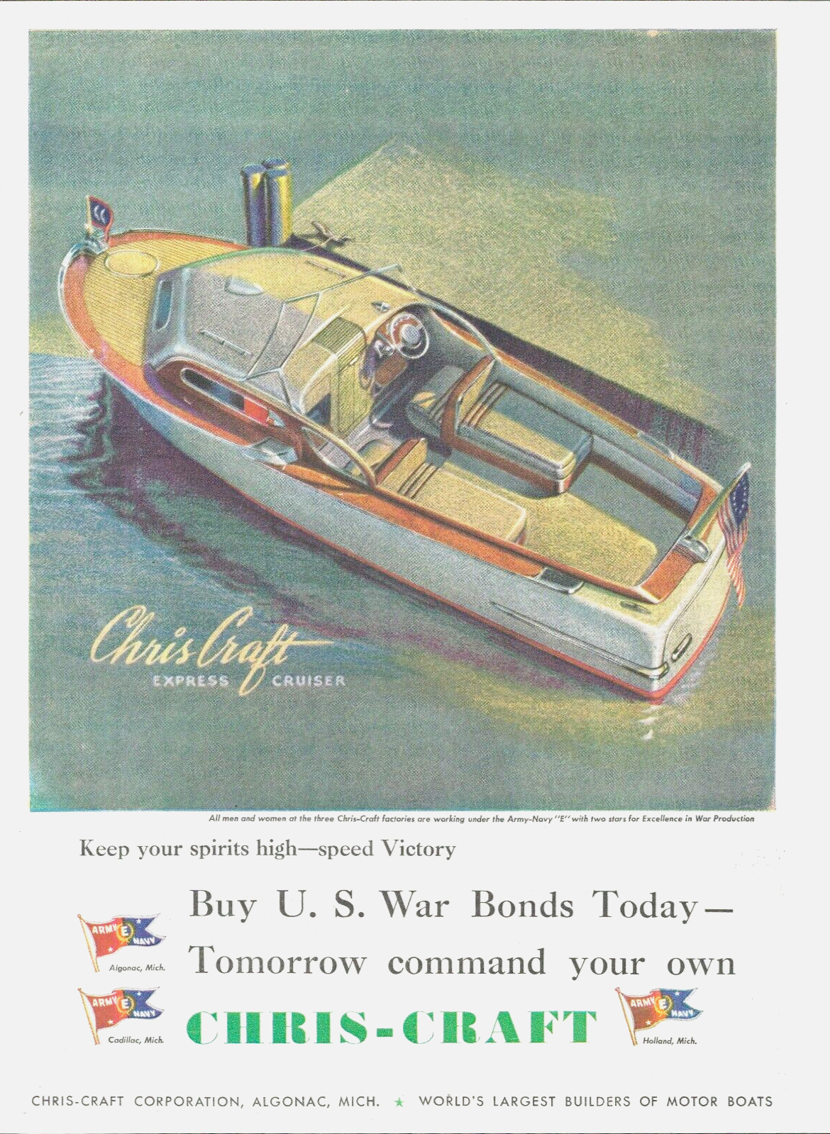 1943 WWII CHRIS CRAFT BOAT army navy vintage PRINT AD Buy US War Bonds 1940s