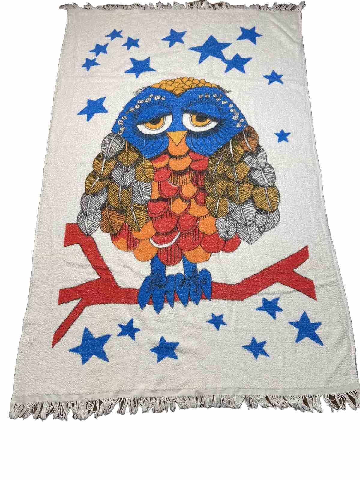 Vintage 1960s 70s Large Beach Towel MCM Owl Kitsch Kitschy READ