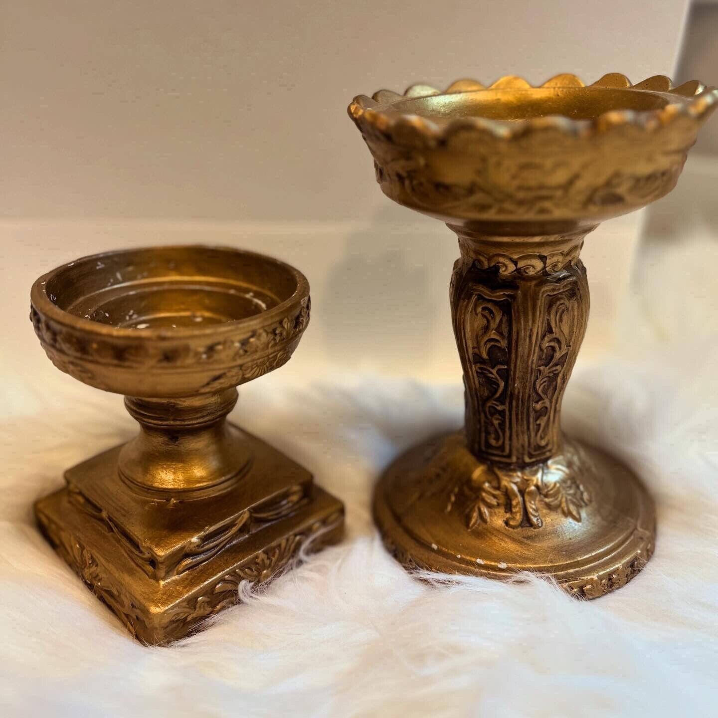 Set 2 Vintage Antique Brass Tone Wood Victorian Candle Holders