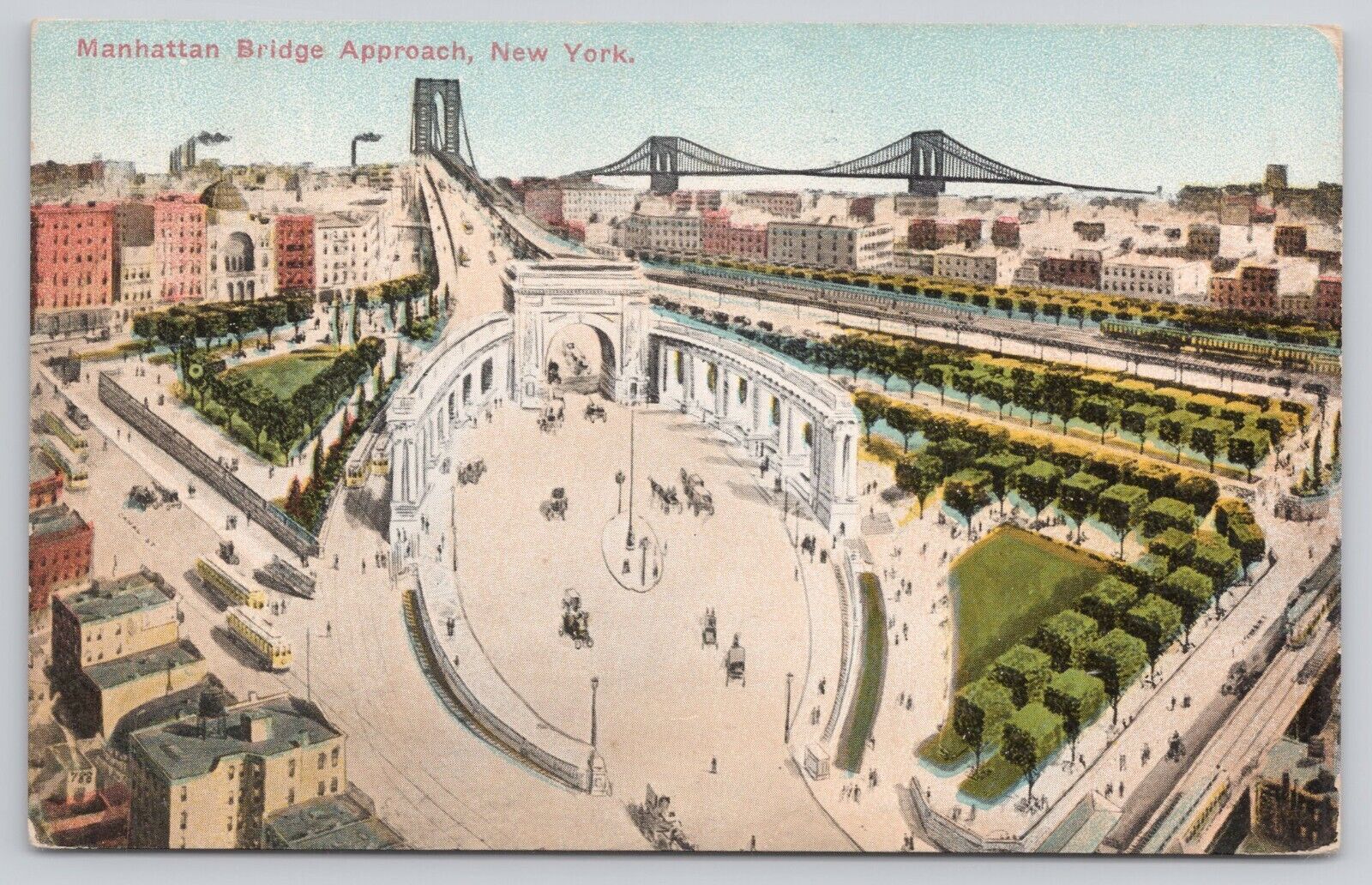 Manhattan Bridge Approach Horses Street Cars New York NY 1916 Antique Postcard