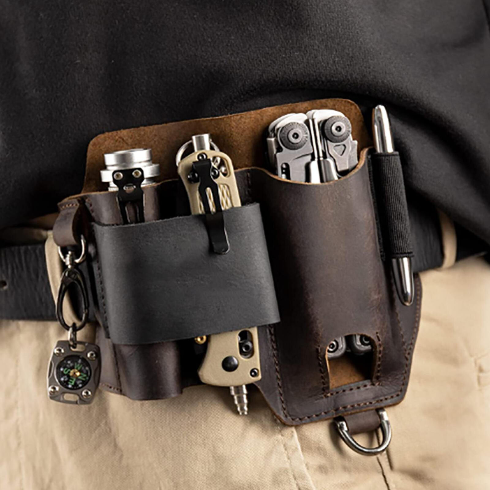 Men Multitool Leather Sheath EDC Pocket Organizer Storage Belt Waist Bag Gift