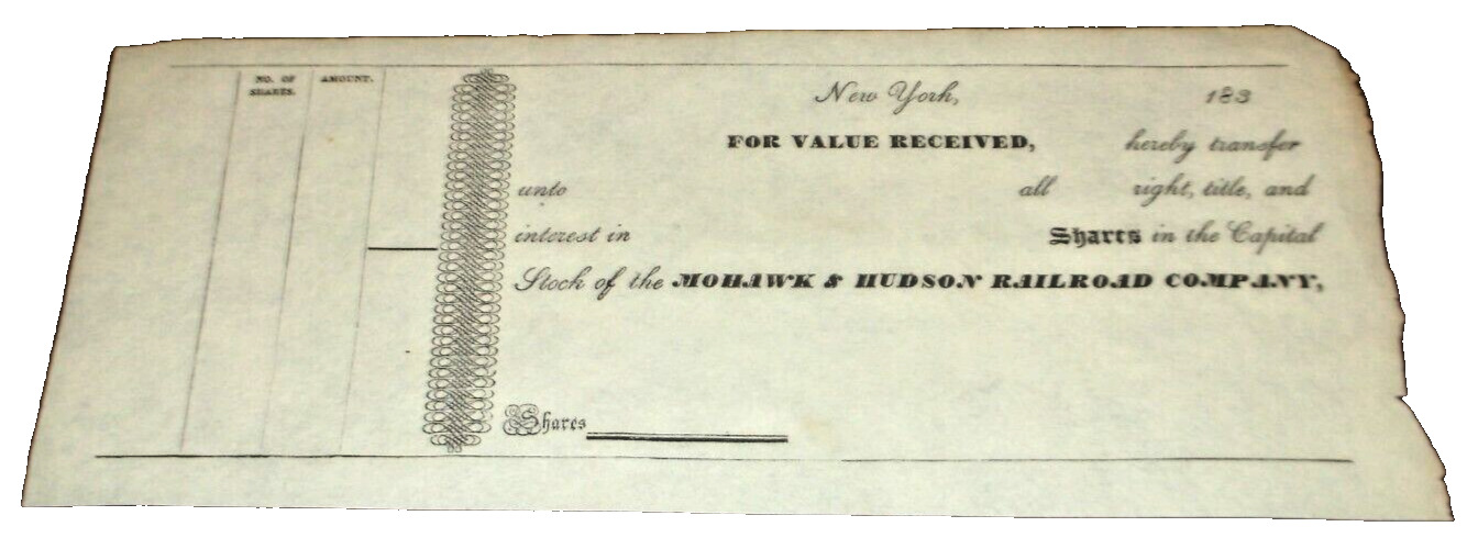 1835 MOHAWK & HUDSON RAILROAD NYC UNUSED STOCK TRANSFER FORM HALF SHEET