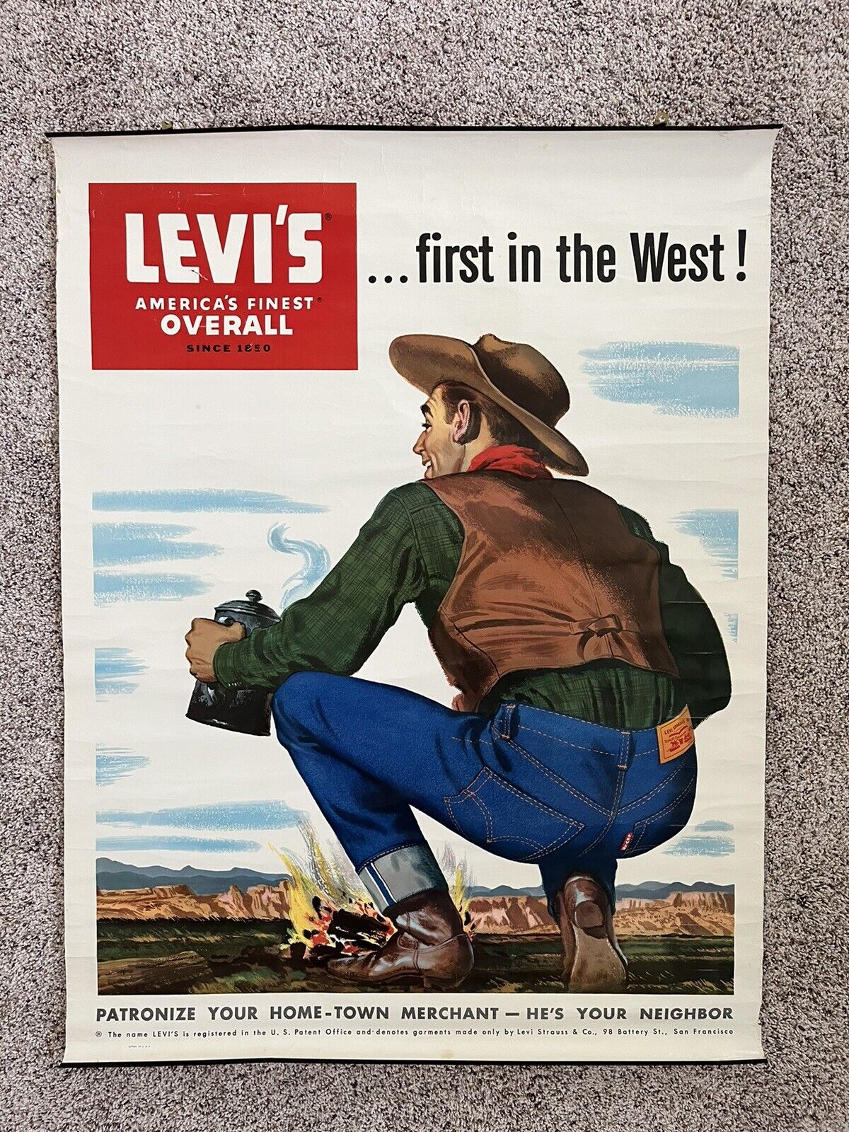 Vintage Levi’s Overalls 501 Banner Poster RARE 1950’s 