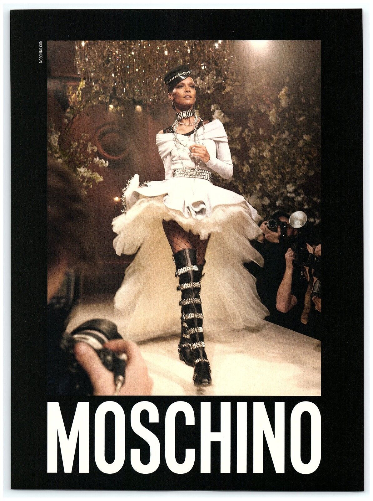 2018 Moschino Print Ad, Liya Kebede S/S White Couture Dress Runway Knee Boots