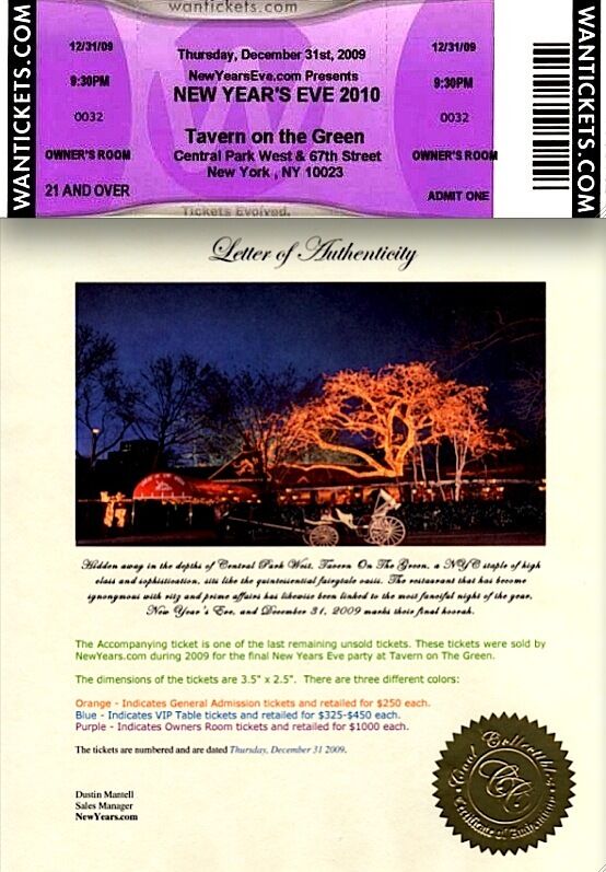 Tavern On The Green Farewell Owners Room Ticket 2009 Original Purple Retail $1K