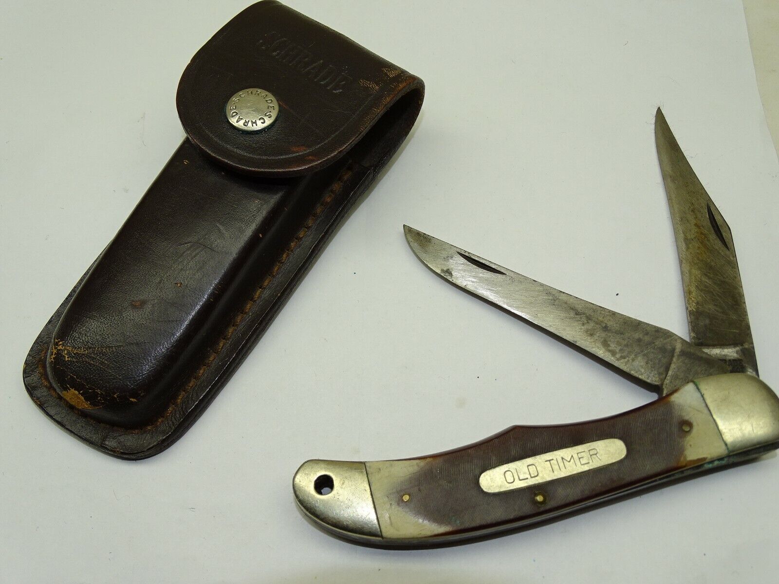 SCHRADE OLD TIMER 250T Hunting Knife 2 Blade USA Folding + Sheath Vintage