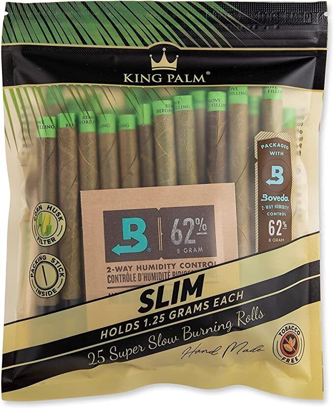 King Palm | Slim Size | Natural | Organic Prerolled Palm Leafs | 25 Rolls