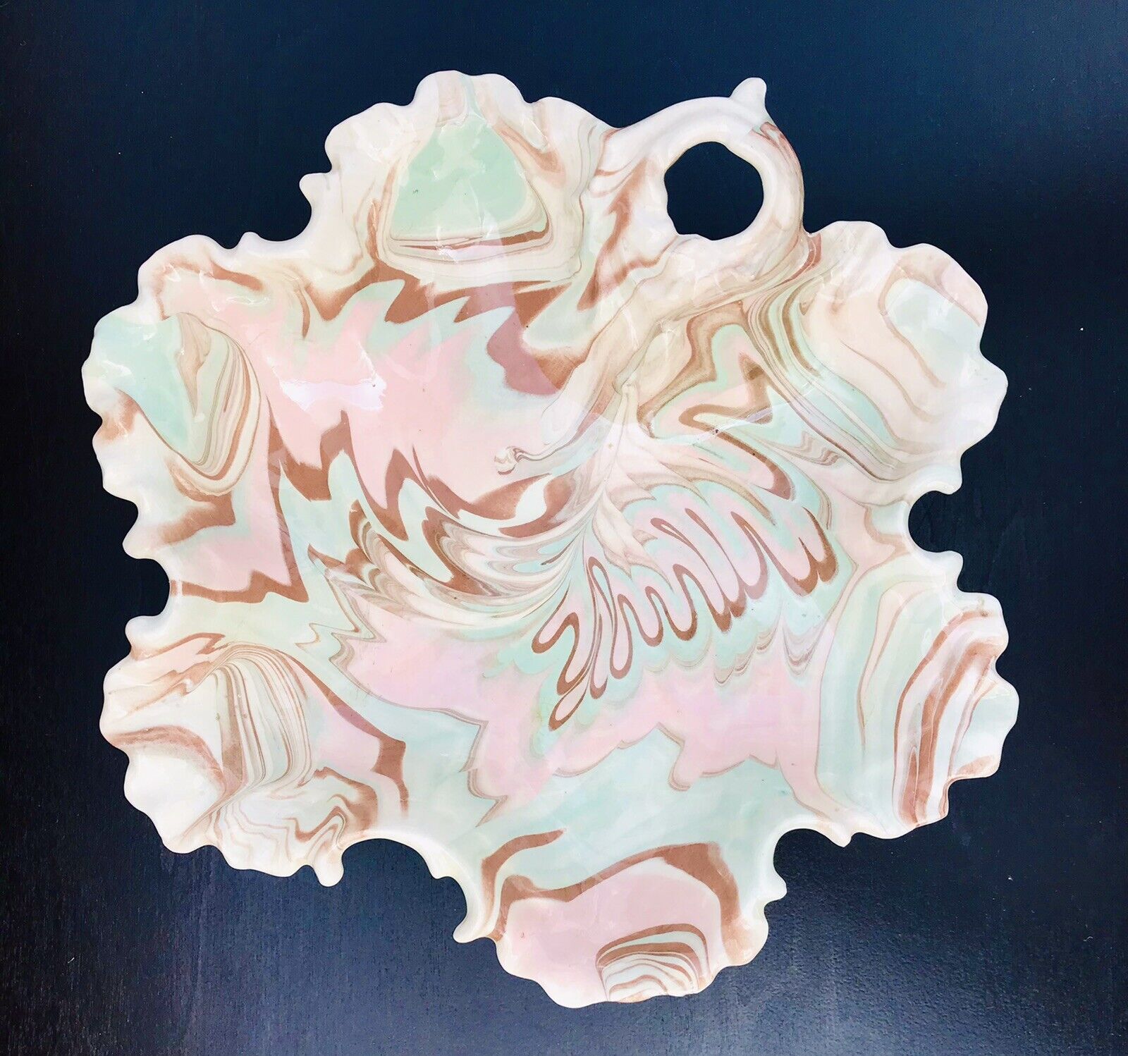 Mid Century 1959 Porcelain Candy Dish Trinket Hand Painted Swirl Design SIGNED 