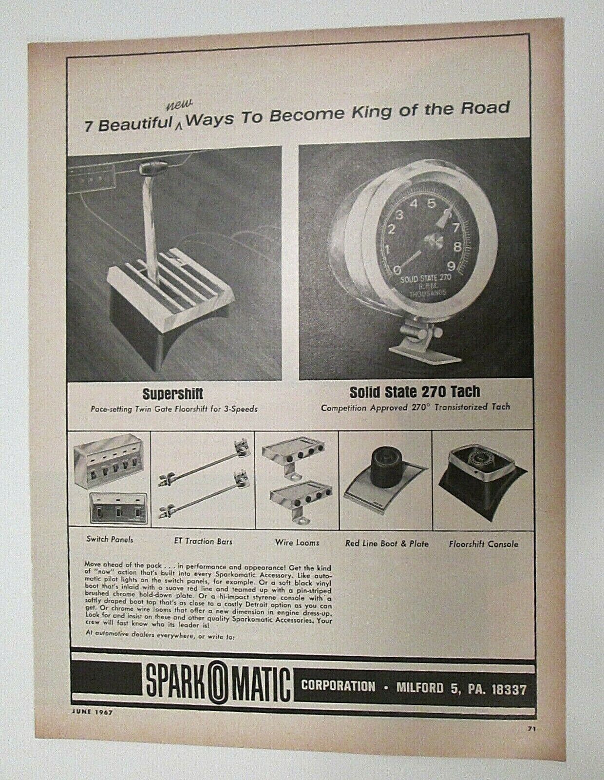 SparkOMatic Shifter Tach Tachometer Automotive Accessories Vintage Print Ad 1967