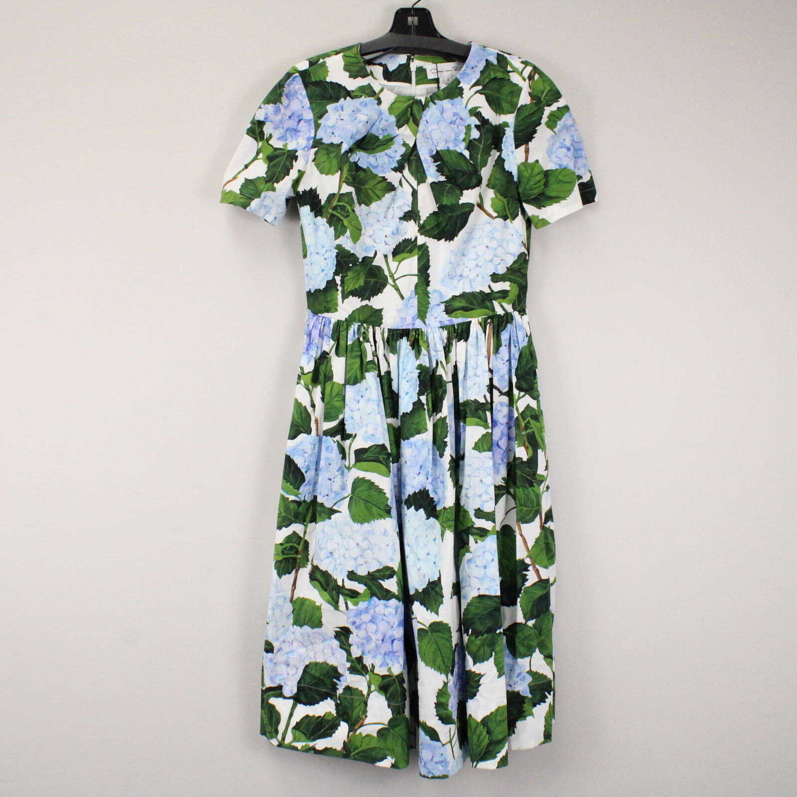 Oscar de la Renta Hydrangea Print Poplin Dress in White/Blue/Green - US 2